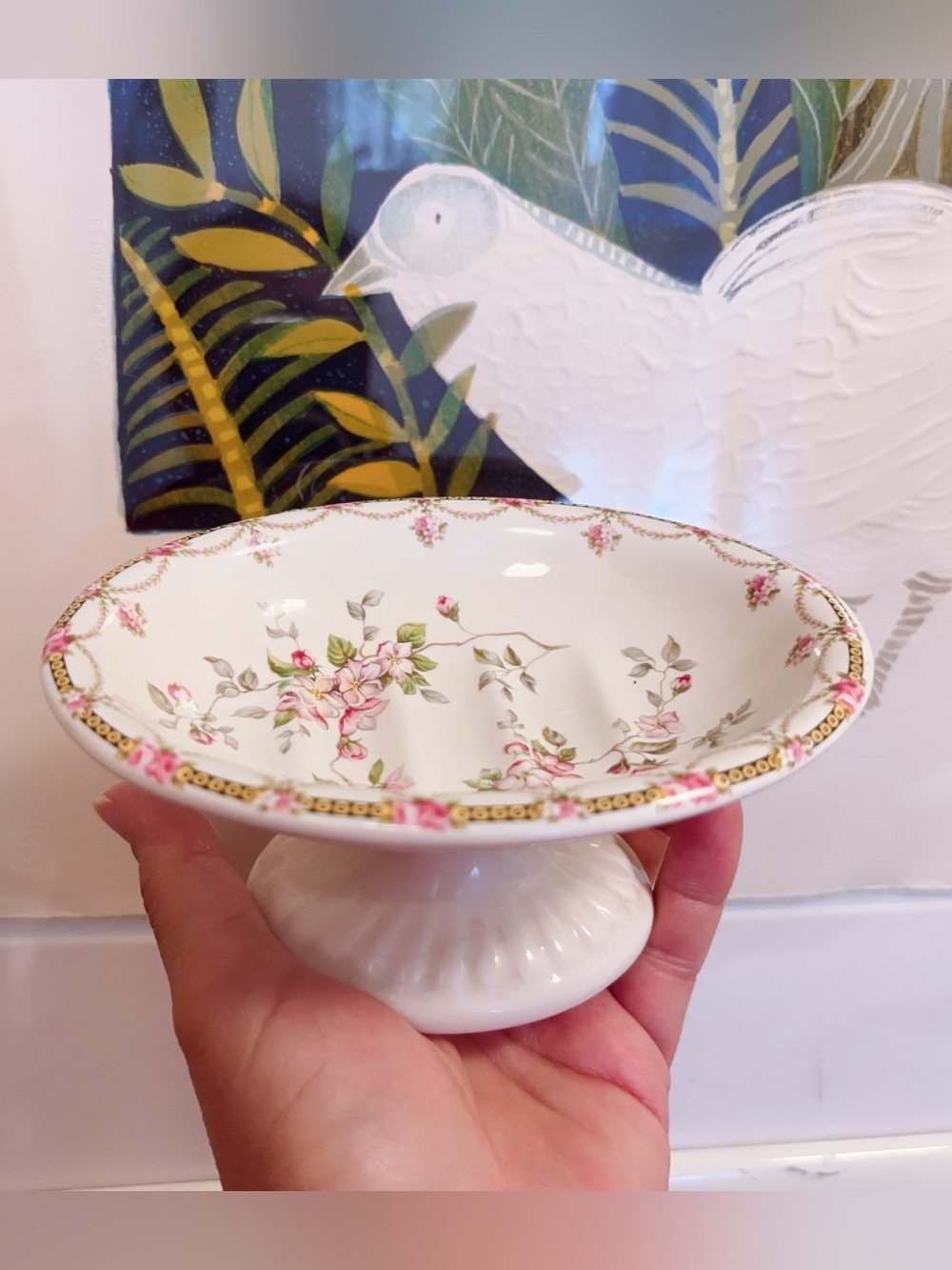 English Floral Porcelain Pedestal Footed Soap Dish Exclusive Design by Crownford